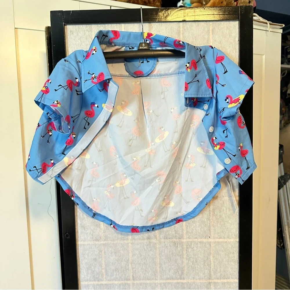 Dog shirt Blue Flamingo Print Button-Up Shirt
